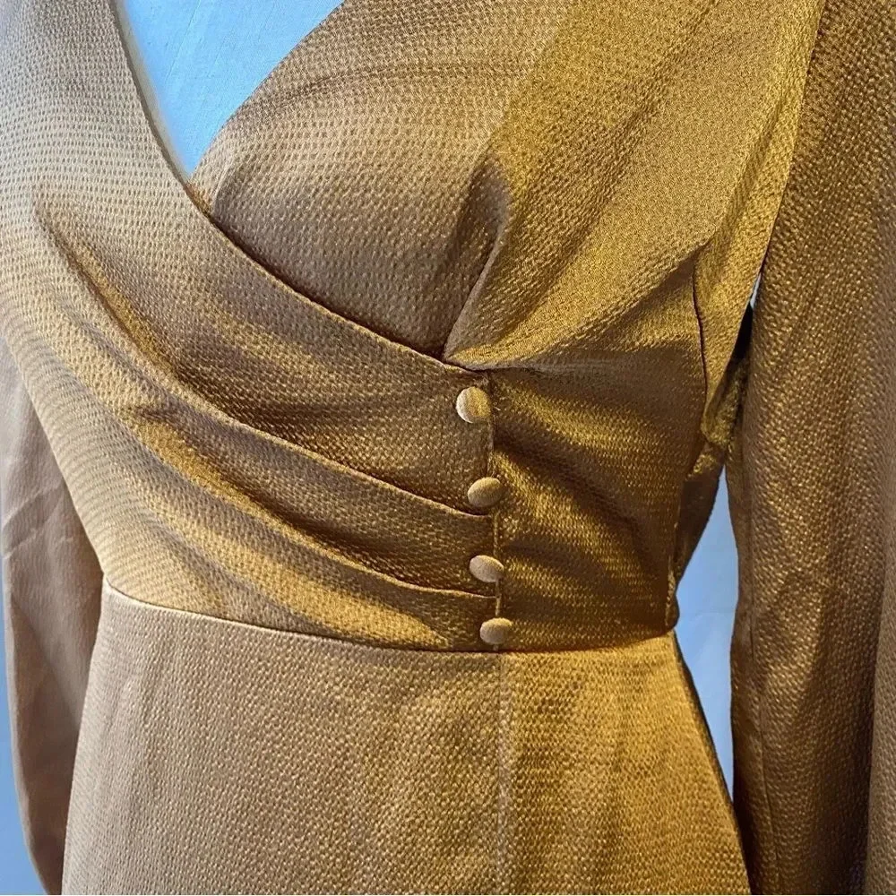 Lulu’s 4SI3NNA Brielle Bronze Satin Long Sleeve Midi Dress in Bronze Copper